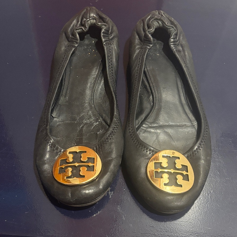 Tory Burch Black Flats with Gold Emblem